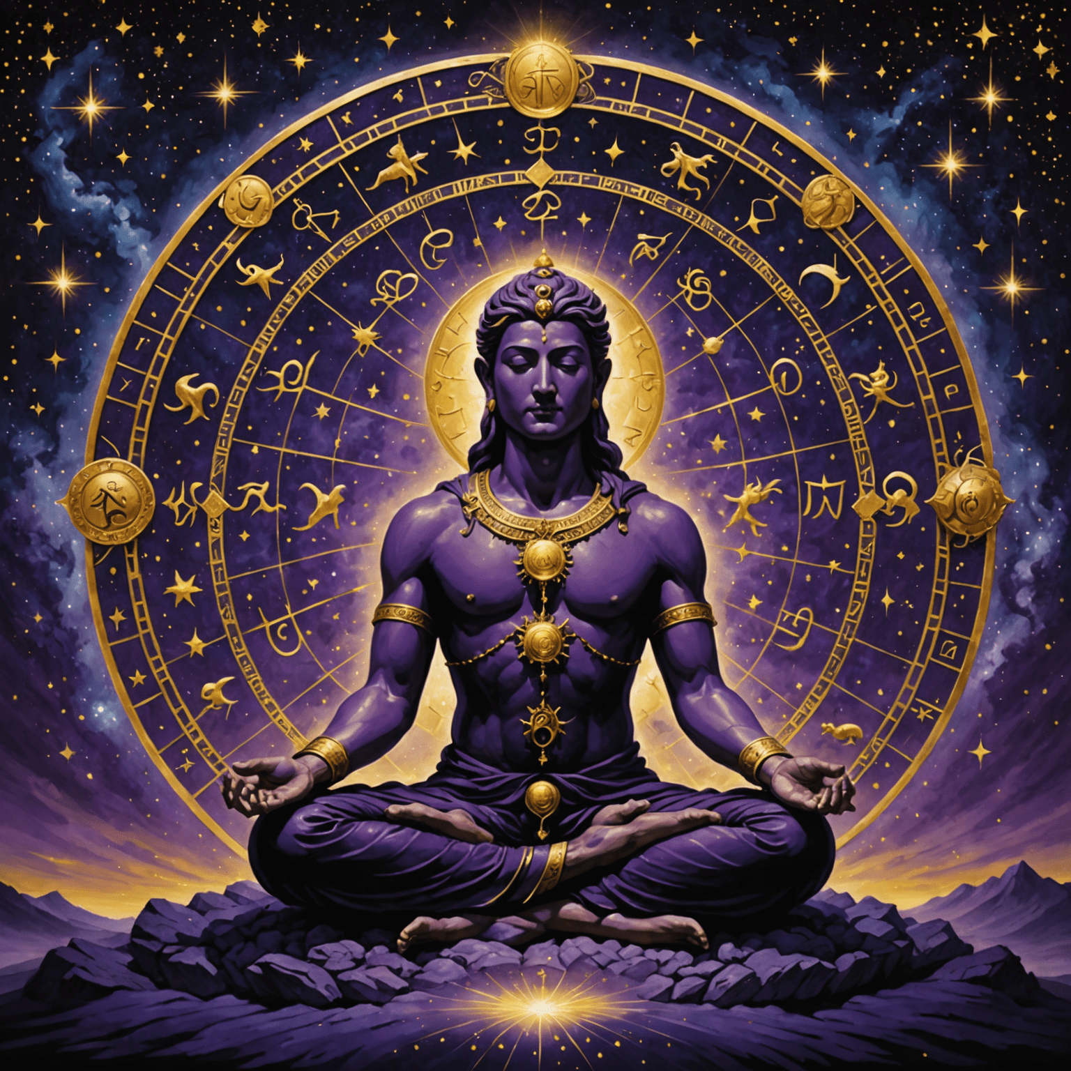 Mistyczna ilustracja przedstawiająca znaki zodiaku otaczające centralną postać medytującą pod gwiaździstym niebem. Kolory głębokiego fioletu i złota dominują w obrazie, tworząc atmosferę tajemniczości i duchowości.